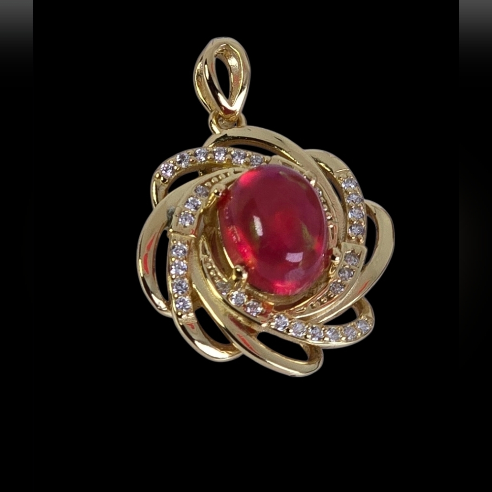 925 Sterling Silver 14K Yellow Gold Plated Pendant with Natural Red Opal & Cz - Picture 3 of 8